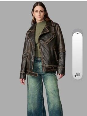 Womens Distressed Leather Biker Jacket - Dark Brown